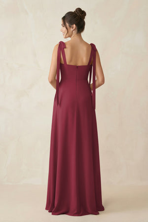 Berry Square Neck Sheath Chiffon Bridesmaid Dress with Bow (2) | KISSBRIDAL