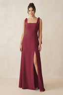 Berry Square Neck Sheath Chiffon Bridesmaid Dress with Bow | KISSBRIDAL