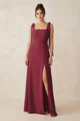 Berry Square Neck Sheath Chiffon Bridesmaid Dress with Bow | KISSBRIDAL