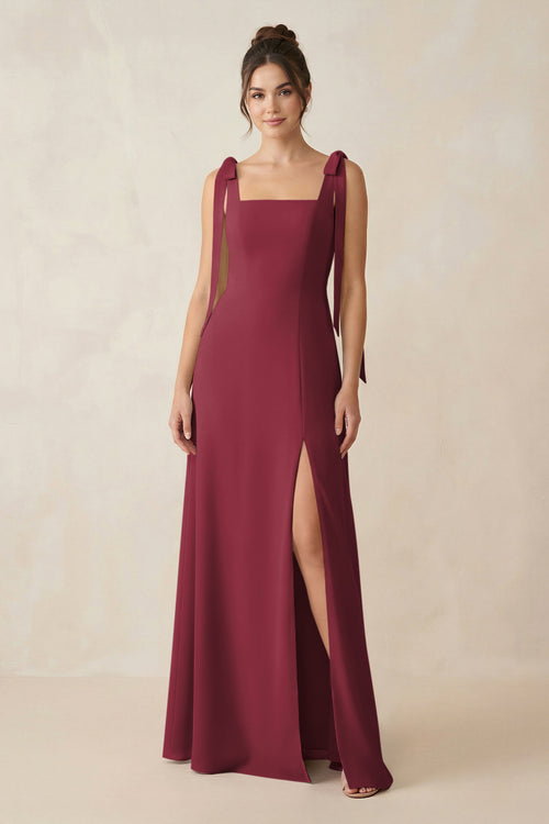 Berry Square Neck Sheath Chiffon Bridesmaid Dress with Bow | KISSBRIDAL