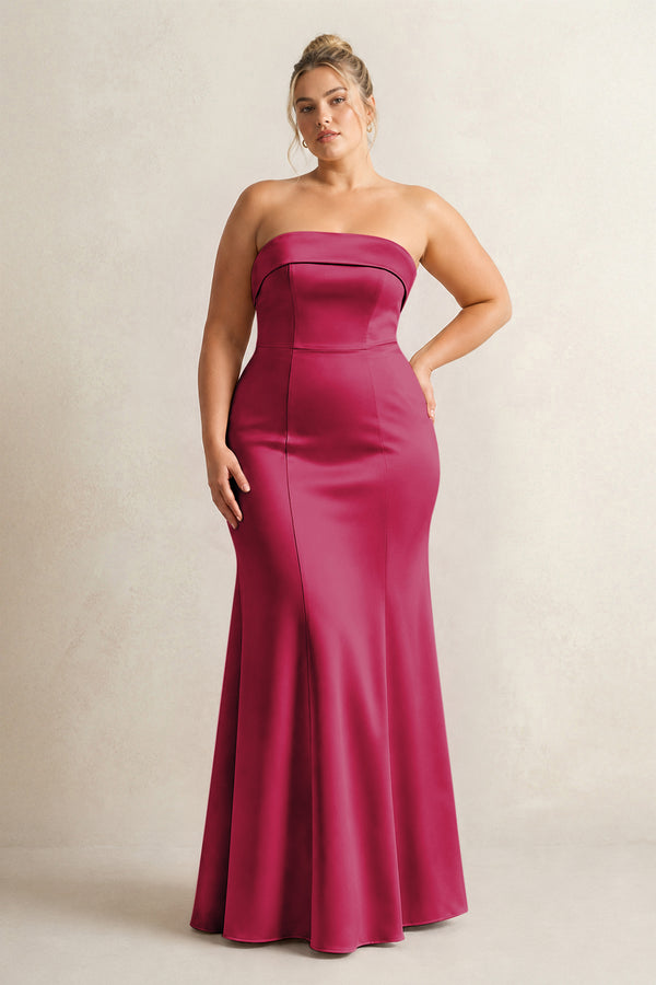 Berry Strapless Satin Mermaid Bridesmaid Dress (3) [sizeplus] | KISSBRIDAL