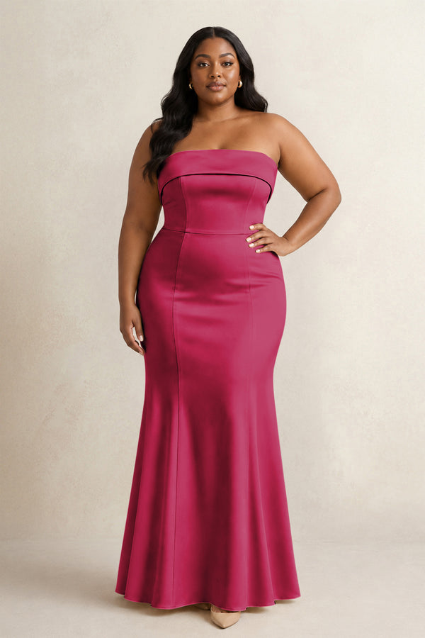 Berry Strapless Satin Mermaid Bridesmaid Dress [sizeplus] | KISSBRIDAL