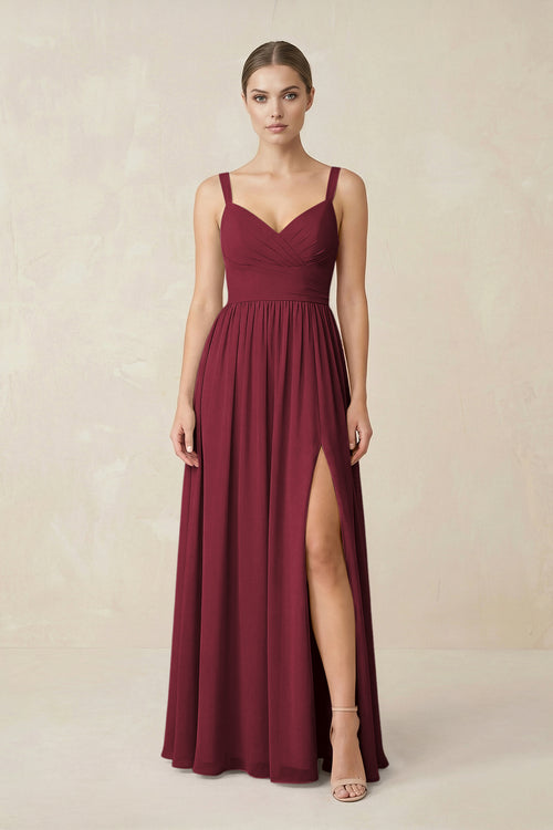 Berry Sweetheart A-Line Chiffon Bridesmaid Dress with Slit in Berry | KISSBRIDAL
