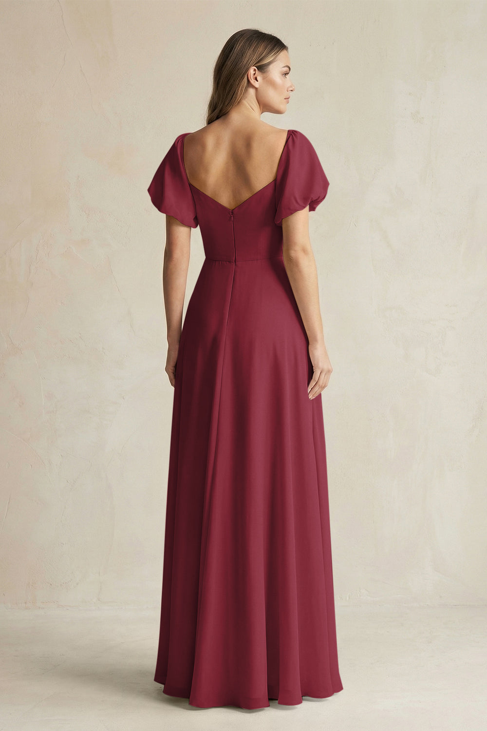 Sweetheart Puff Sleeve A-Line Chiffon Bridesmaid Dress in Berry