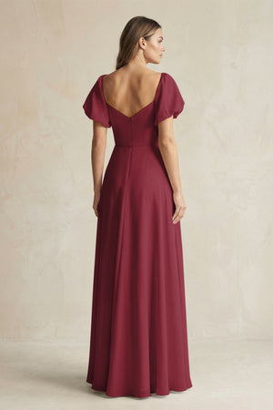 Berry Sweetheart Puff Sleeve A-Line Chiffon Bridesmaid Dress (2) | KISSBRIDAL