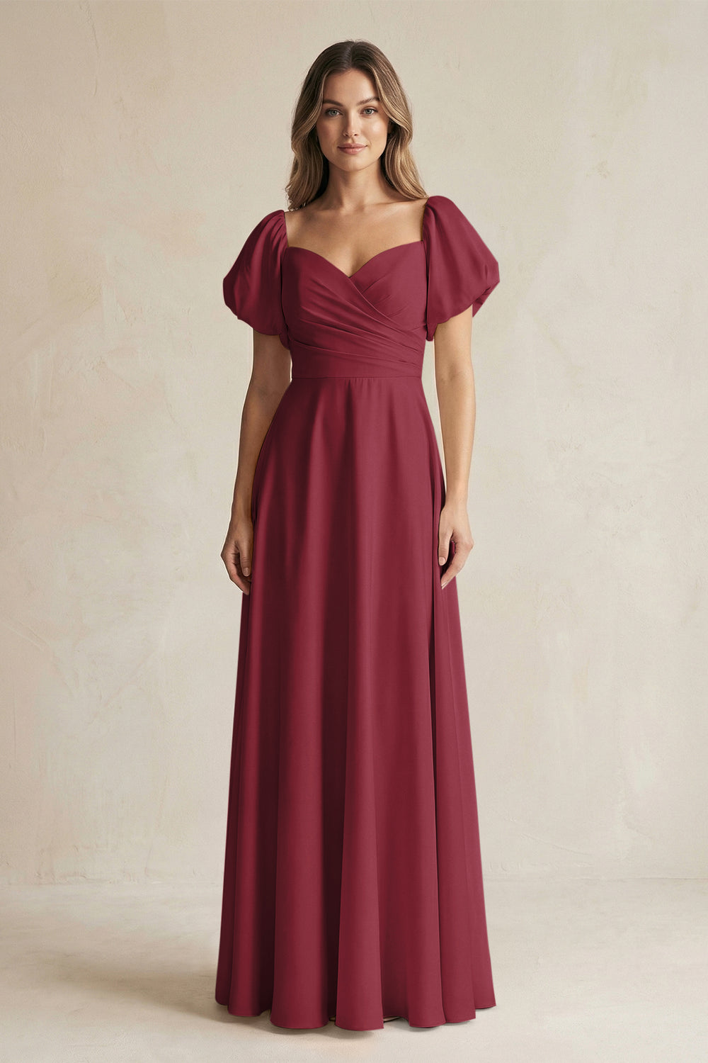 Sweetheart Puff Sleeve A-Line Chiffon Bridesmaid Dress in Berry
