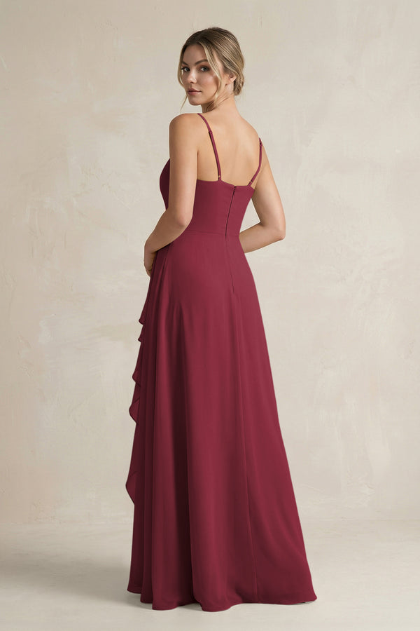 Berry Sweetheart Ruffled A-Line Chiffon Bridesmaid Dress with Slit (2) | KISSBRIDAL