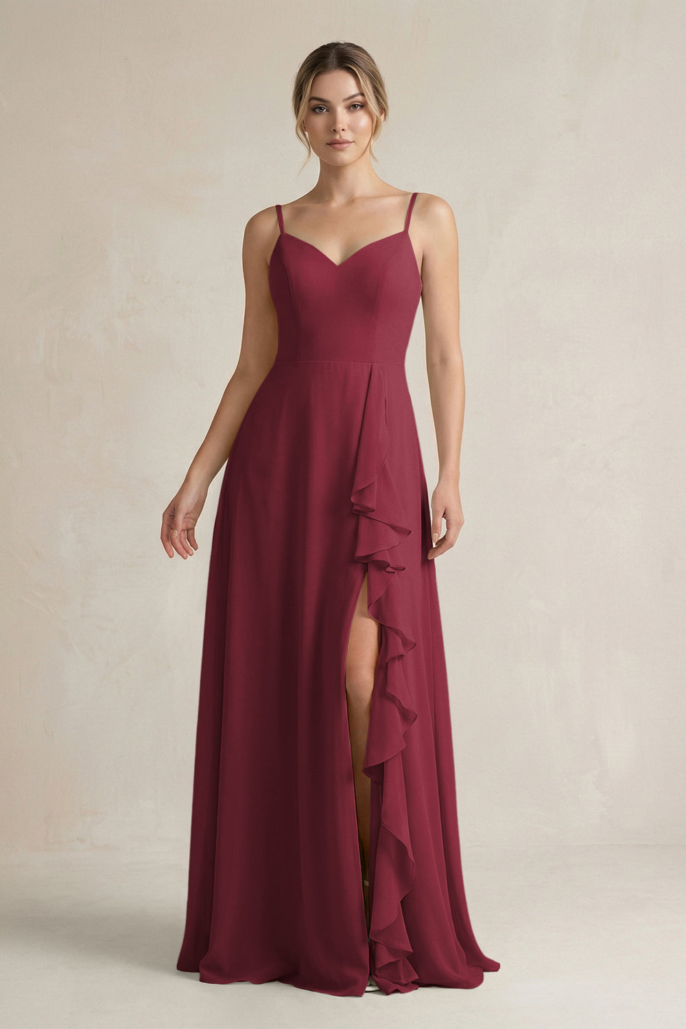 Sweetheart Ruffled A-Line Chiffon Bridesmaid Dress with Slit in Berry