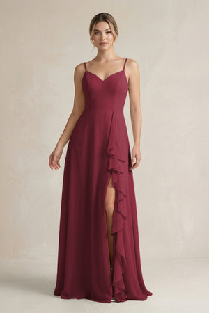 Berry Sweetheart Ruffled A-Line Chiffon Bridesmaid Dress with Slit | KISSBRIDAL