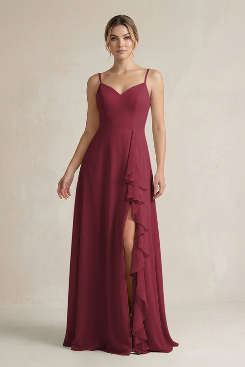 Berry Sweetheart Ruffled A-Line Chiffon Bridesmaid Dress with Slit | KISSBRIDAL