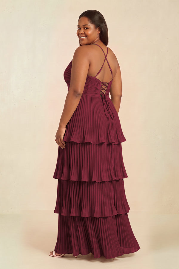 Berry Tiered Pleated V-Neck A-Line Chiffon Bridesmaid Dress (2) [sizeplus] | KISSBRIDAL