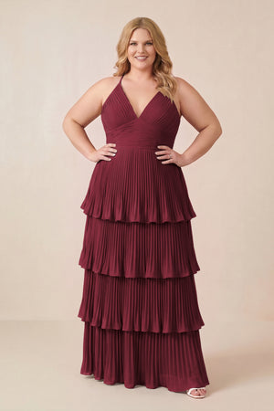 Berry Tiered Pleated V-Neck A-Line Chiffon Bridesmaid Dress (3) [sizeplus] | KISSBRIDAL