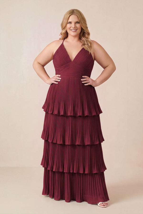 Berry Tiered Pleated V-Neck A-Line Chiffon Bridesmaid Dress (3) [sizeplus] | KISSBRIDAL