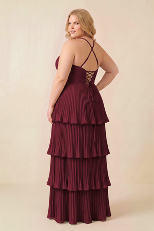 Berry Tiered Pleated V-Neck A-Line Chiffon Bridesmaid Dress (4) [sizeplus] | KISSBRIDAL