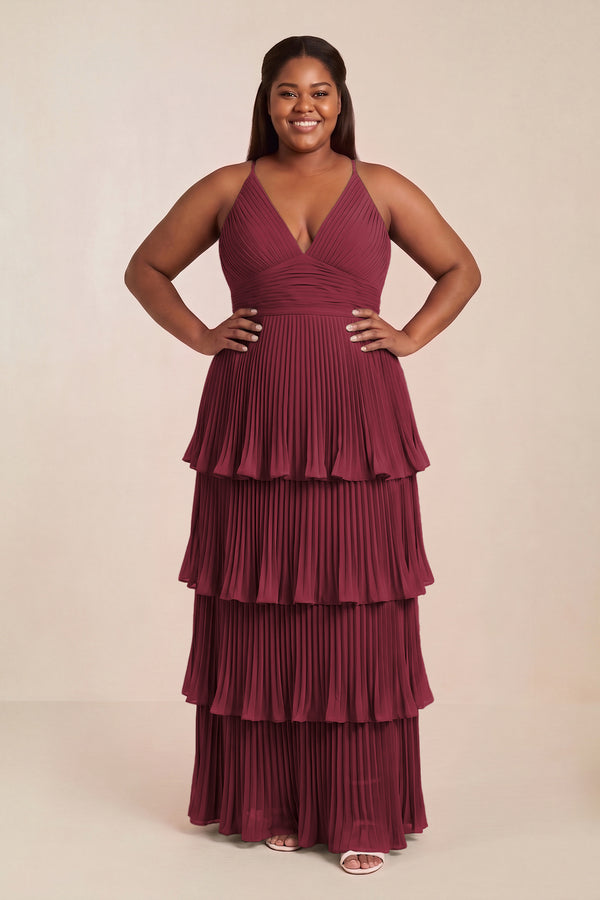 Berry Tiered Pleated V-Neck A-Line Chiffon Bridesmaid Dress [sizeplus] | KISSBRIDAL