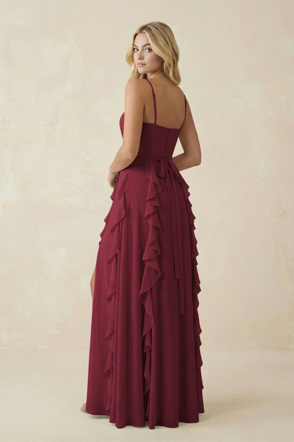 Berry Tiered Ruffle A-Line Chiffon Bridesmaid Dress (2) | KISSBRIDAL