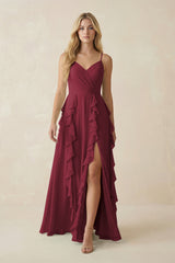 Berry Tiered Ruffle A-Line Chiffon Bridesmaid Dress | KISSBRIDAL