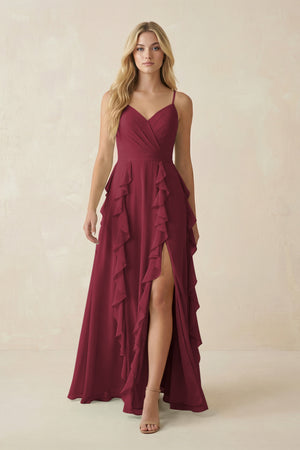Berry Tiered Ruffle A-Line Chiffon Bridesmaid Dress | KISSBRIDAL