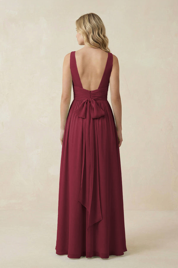 Berry V-Neck A-Line Bridesmaid Dress with Back Bow (2) | KISSBRIDAL