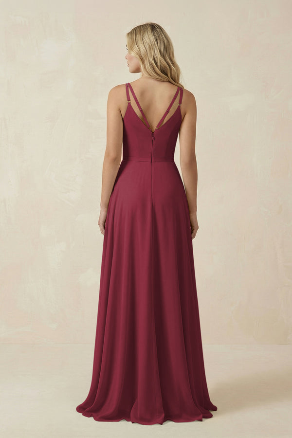 Berry V-Neck A-Line Chiffon Bridesmaid Dress with Crisscross Back (2) | KISSBRIDAL