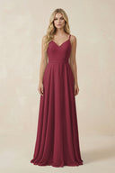 Berry V-Neck A-Line Chiffon Bridesmaid Dress with Crisscross Back | KISSBRIDAL