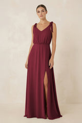 Berry V-Neck A-Line Chiffon Bridesmaid Dress | KISSBRIDAL