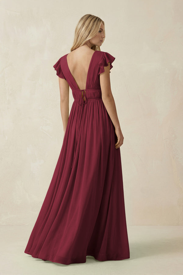 Berry V-Neck A-Line Chiffon Cap Sleeves Bridesmaid Dress (2) | KISSBRIDAL