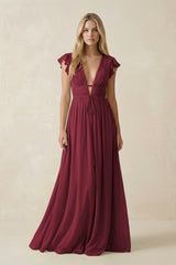 Berry V-Neck A-Line Chiffon Cap Sleeves Bridesmaid Dress | KISSBRIDAL