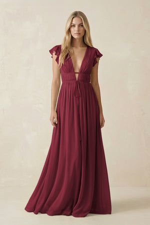 Berry V-Neck A-Line Chiffon Cap Sleeves Bridesmaid Dress | KISSBRIDAL
