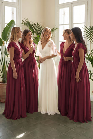Berry V-Neck A-Line Chiffon Cap Sleeves Bridesmaid Dress | KISSBRIDAL