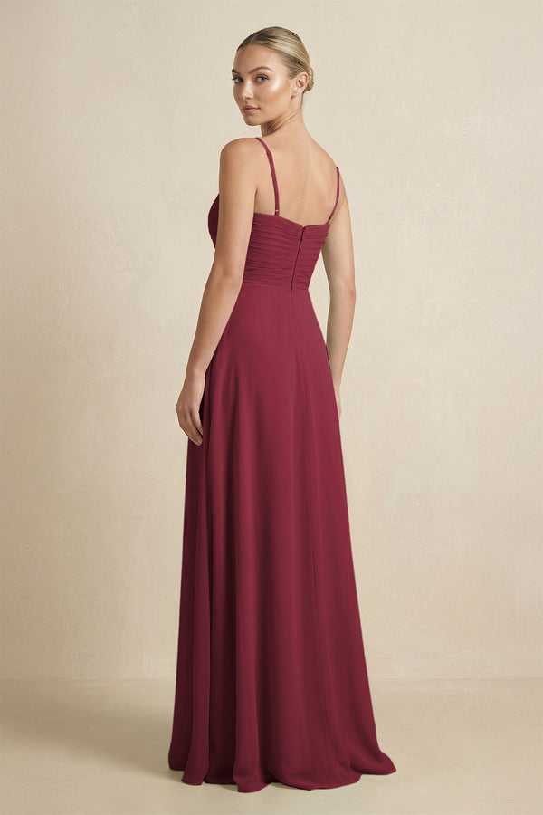 Berry V-Neck A-Line Chiffon Pleated Bridesmaid Dress (2) | KISSBRIDAL