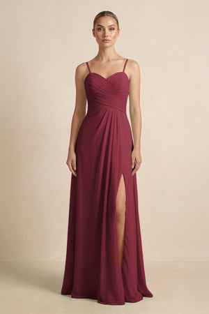 Berry V-Neck A-Line Chiffon Pleated Bridesmaid Dress | KISSBRIDAL