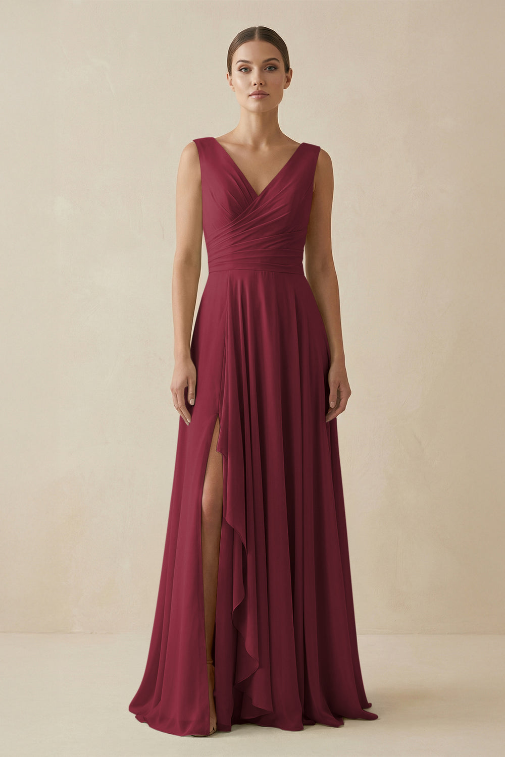 V-Neck A-Line Chiffon Ruffled Bridesmaid Dress in Berry