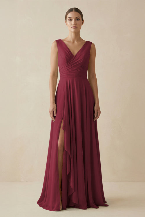 Berry V-Neck A-Line Chiffon Ruffled Bridesmaid Dress | KISSBRIDAL