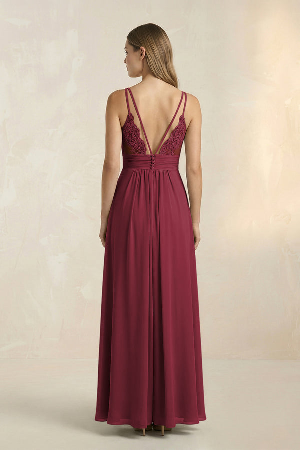 Berry V-Neck A-Line Pleated Chiffon Bridesmaid Dress (2) | KISSBRIDAL
