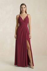 Berry V-Neck A-Line Pleated Chiffon Bridesmaid Dress | KISSBRIDAL
