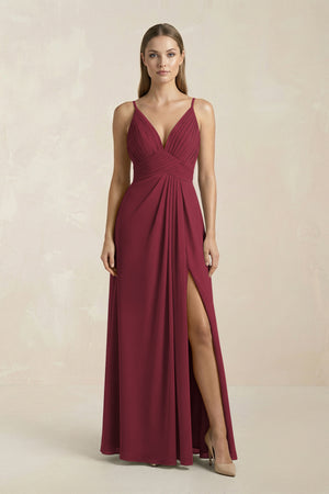 Berry V-Neck A-Line Pleated Chiffon Bridesmaid Dress | KISSBRIDAL