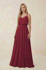Berry V-Neck Blouson A-Line Chiffon Bridesmaid Dress | KISSBRIDAL