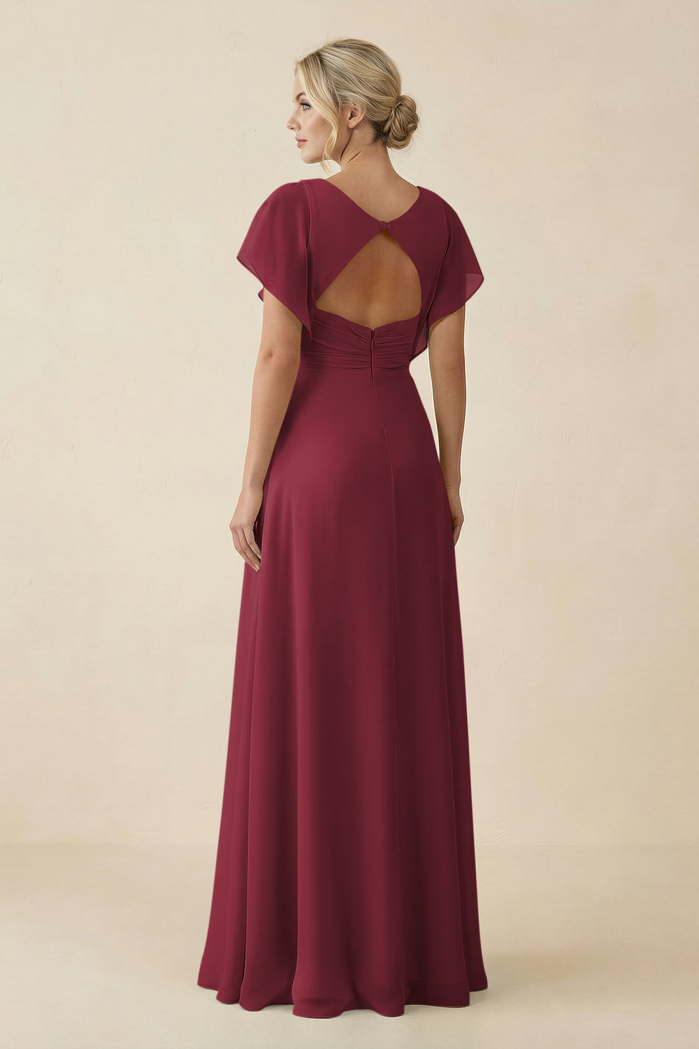 V-Neck Cap Sleeve Chiffon Bridesmaid Dress with Cut-out Back in Berry