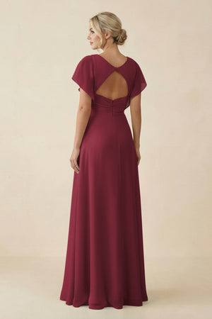 Berry V-Neck Cap Sleeve Chiffon Bridesmaid Dress with Cut-out Back (2) | KISSBRIDAL