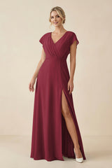 Berry V-Neck Cap Sleeve Chiffon Bridesmaid Dress with Cut-out Back | KISSBRIDAL