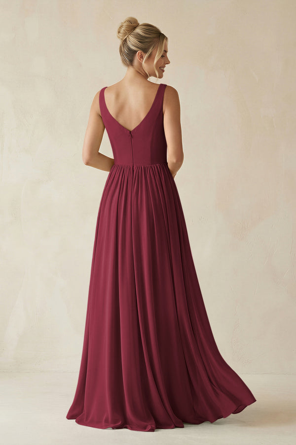 Berry V-Neck Chiffon A-Line Long Bridesmaid Dress (2) | KISSBRIDAL