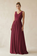 Berry V-Neck Chiffon A-Line Long Bridesmaid Dress | KISSBRIDAL