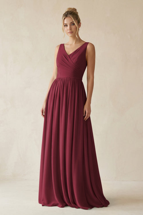 Berry V-Neck Chiffon A-Line Long Bridesmaid Dress | KISSBRIDAL