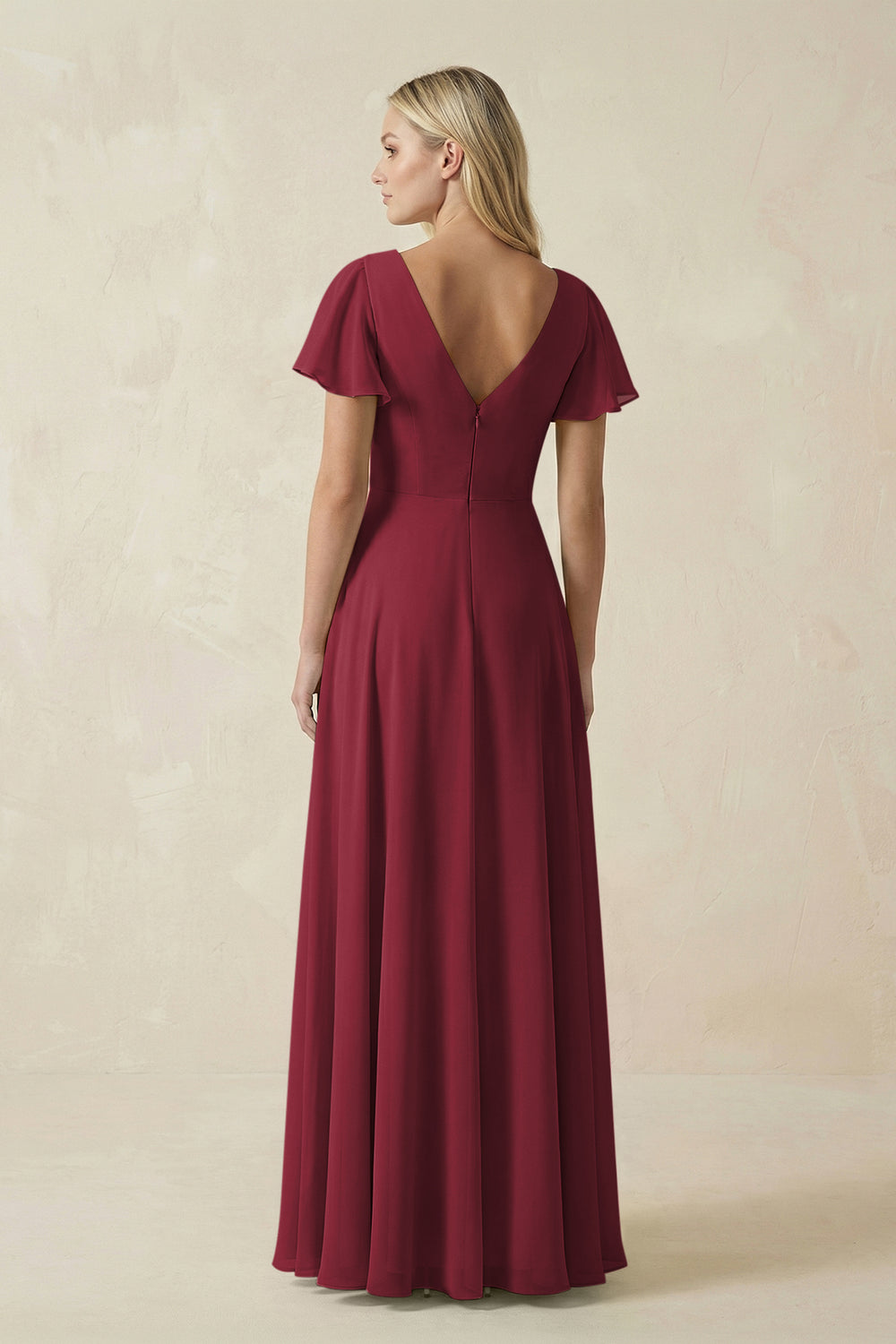 V-Neck Flutter Sleeve A-Line Chiffon Bridesmaid Dress in Berry