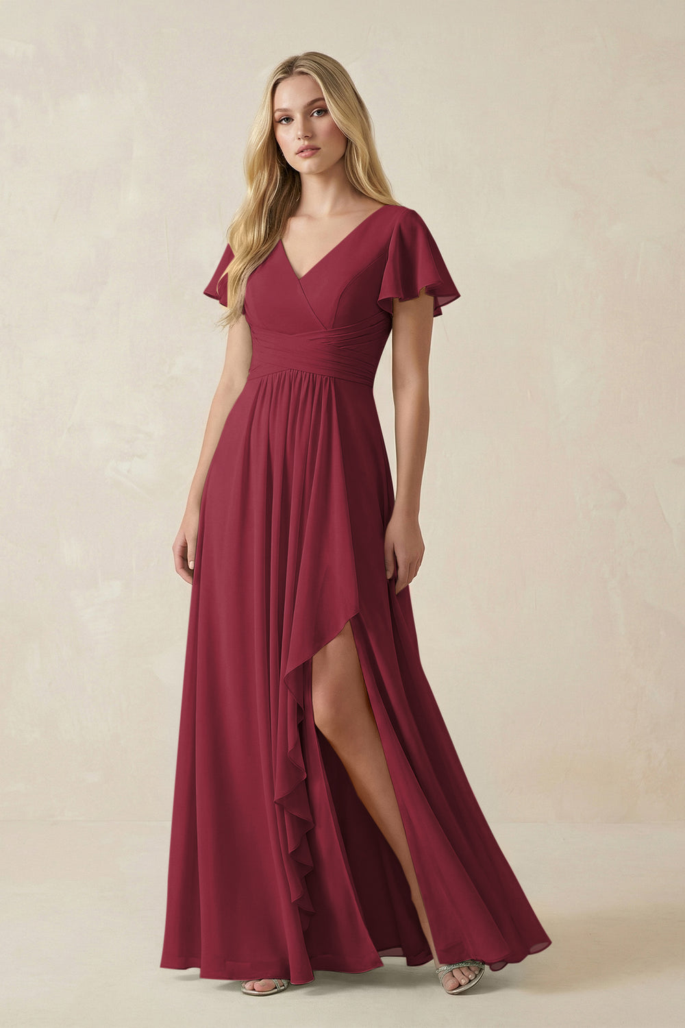 V-Neck Flutter Sleeve A-Line Chiffon Bridesmaid Dress in Berry