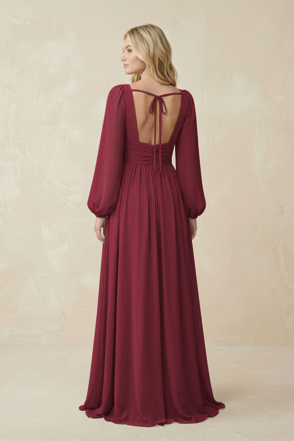 V-Neck Long Sleeve A-Line Chiffon Bridesmaid Dress in Berry
