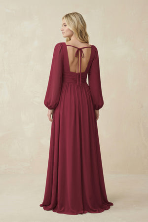 Berry V-Neck Long Sleeve A-Line Chiffon Bridesmaid Dress (2) | KISSBRIDAL