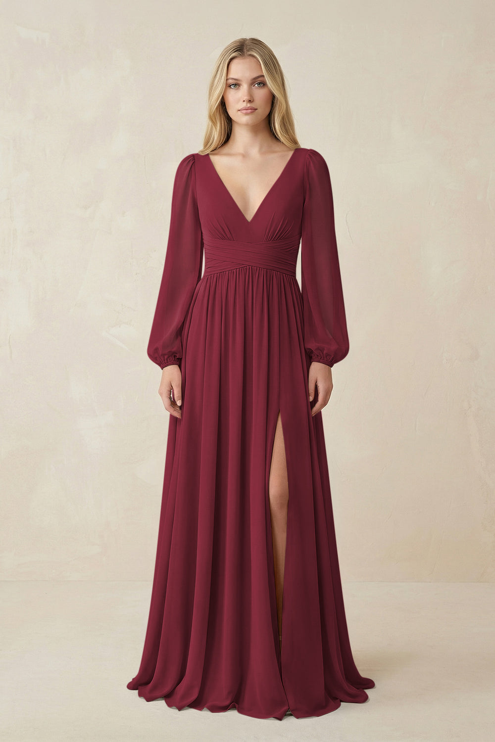 V-Neck Long Sleeve A-Line Chiffon Bridesmaid Dress in Berry