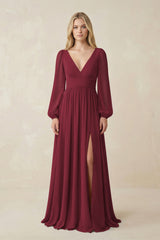 Berry V-Neck Long Sleeve A-Line Chiffon Bridesmaid Dress | KISSBRIDAL